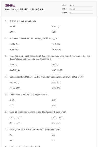 Đề thi Hóa học 12 Học kì 2 có đáp án (Đề 4)