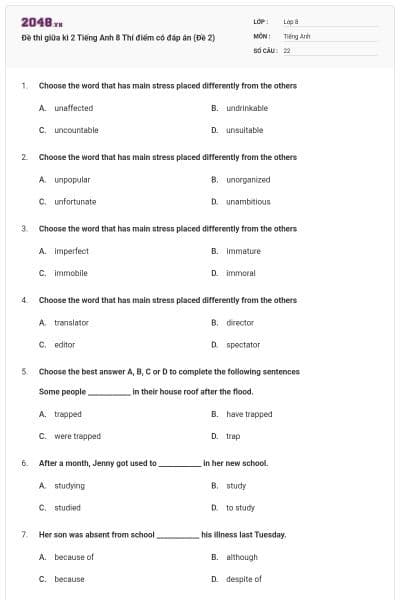 Đề thi giữa kì 2 Tiếng Anh 8 Thí điểm có đáp án (Đề 2)