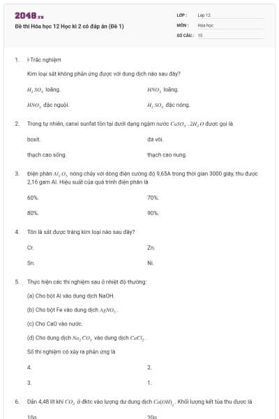 Đề thi Hóa học 12 Học kì 2 có đáp án (Đề 1)