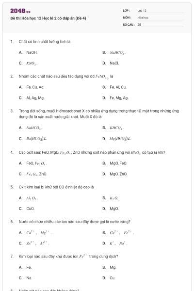Đề thi Hóa học 12 Học kì 2 có đáp án (Đề 4)