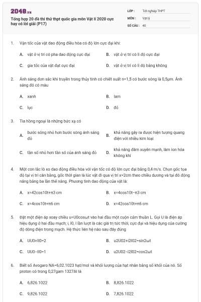 Tổng hợp 20 đề thi thử thpt quốc gia môn Vật lí 2020 cực hay có lời giải (P17)
