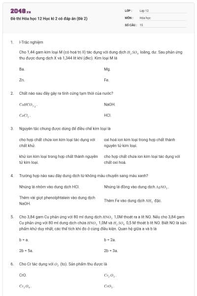 Đề thi Hóa học 12 Học kì 2 có đáp án (Đề 2)