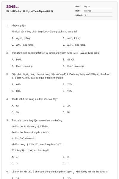 Đề thi Hóa học 12 Học kì 2 có đáp án (Đề 1)