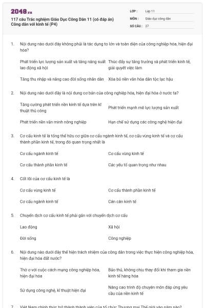 117 câu Trắc nghiệm Giáo Dục Công Dân 11 (có đáp án) Công dân với kinh tế (P4)