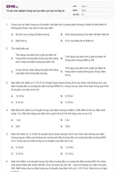 15 câu trắc nghiệm Công của lực điện cực hay có đáp án