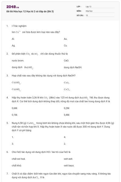 Đề thi Hóa học 12 Học kì 2 có đáp án (Đề 3)