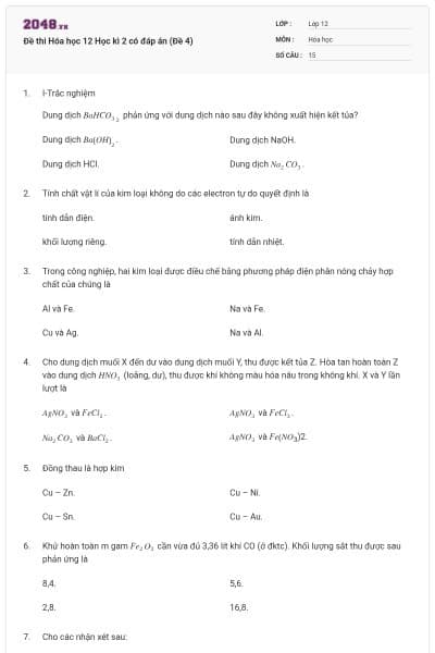 Đề thi Hóa học 12 Học kì 2 có đáp án (Đề 4)