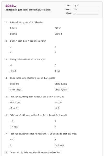 Bài tập: Làm quen với số âm chọn lọc, có đáp án