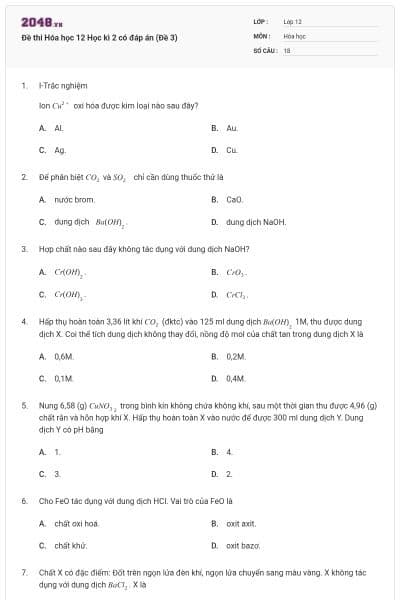 Đề thi Hóa học 12 Học kì 2 có đáp án (Đề 3)