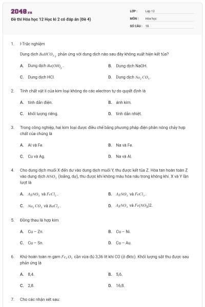 Đề thi Hóa học 12 Học kì 2 có đáp án (Đề 4)