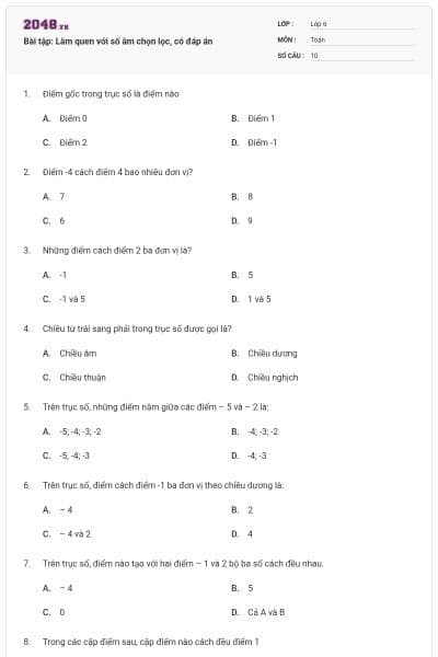 Bài tập: Làm quen với số âm chọn lọc, có đáp án