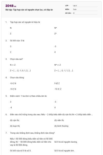 Bài tập: Tập hợp các số nguyên chọn lọc, có đáp án