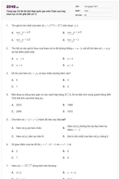 Tổng hợp 25 đề thi thử thpt quốc gia môn Toán cực hay, chọn lọc có lời giải (Đề số 1)