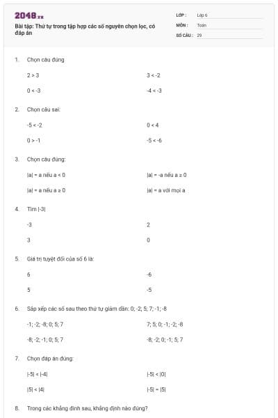 Bài tập: Thứ tự trong tập hợp các số nguyên chọn lọc, có đáp án