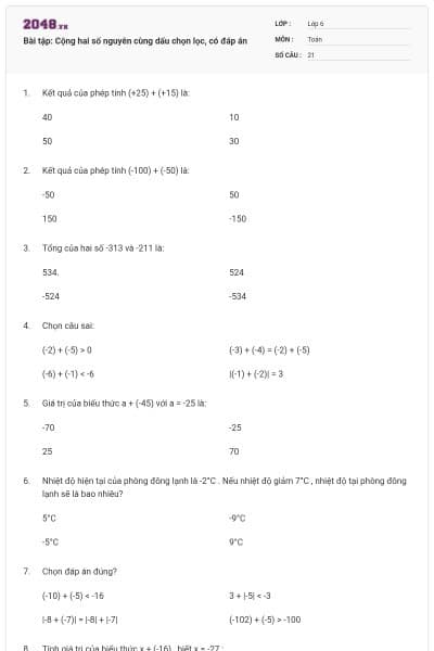 Bài tập: Cộng hai số nguyên cùng dấu chọn lọc, có đáp án