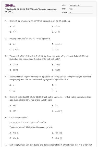Tổng hợp 20 đề thi thử THPTQG môn Toán cực hay có đáp án (đề 1)