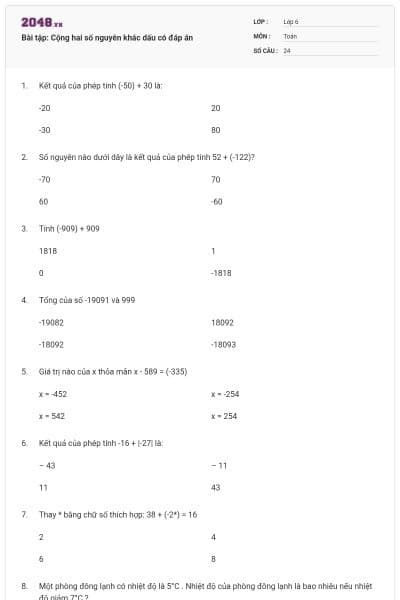 Bài tập: Cộng hai số nguyên khác dấu có đáp án