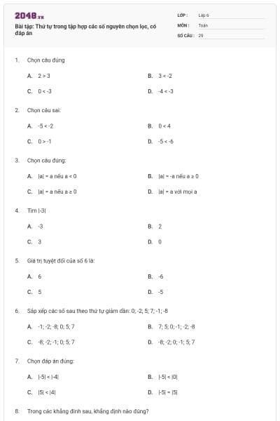 Bài tập: Thứ tự trong tập hợp các số nguyên chọn lọc, có đáp án