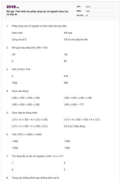 Bài tập: Tính chất của phép cộng các số nguyên chọn lọc, có đáp án