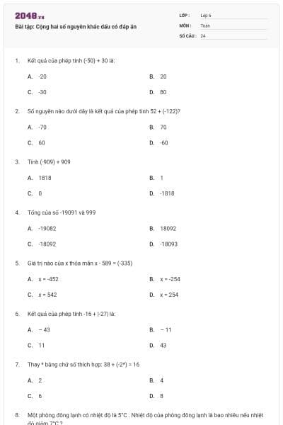 Bài tập: Cộng hai số nguyên khác dấu có đáp án