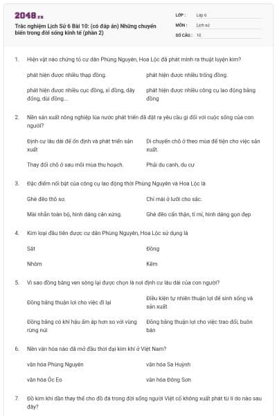 Trắc nghiệm Lịch Sử 6 Bài 10: (có đáp án) Những chuyển biến trong đời sống kinh tế (phần 2)