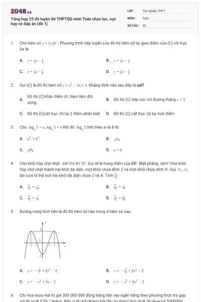 Tổng hợp 25 đề luyện thi THPTQG môn Toán chọn lọc, cực hay có đáp án (đề 1)