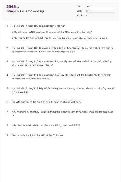 Giải Địa Lí 4 Bài 15: Thủ đô Hà Nội