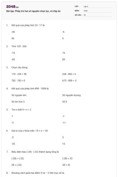 Bài tập: Phép trừ hai số nguyên chọn lọc, có đáp án