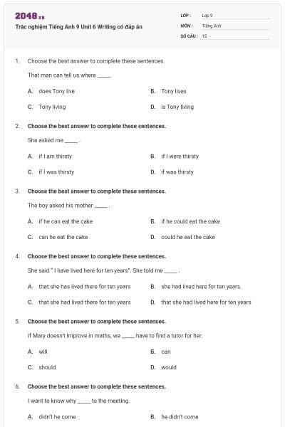 Trắc nghiệm Tiếng Anh 9 Unit 6 Writing có đáp án