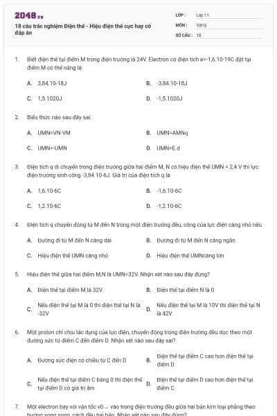 18 câu trắc nghiệm Điện thế - Hiệu điện thế cực hay có đáp án