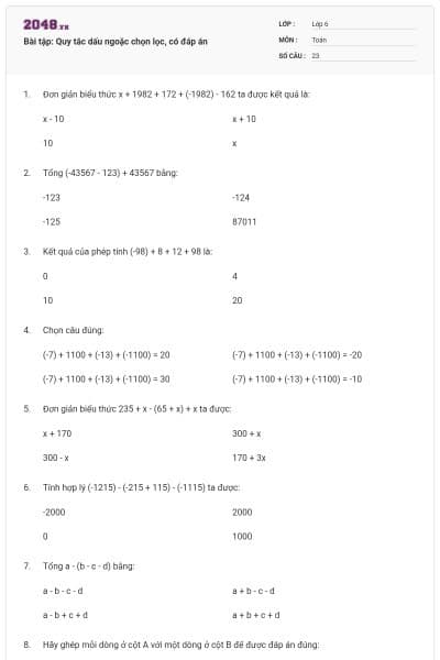 Bài tập: Quy tắc dấu ngoặc chọn lọc, có đáp án