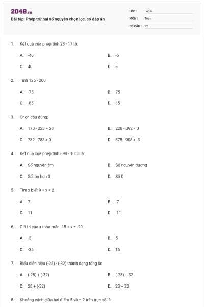 Bài tập: Phép trừ hai số nguyên chọn lọc, có đáp án