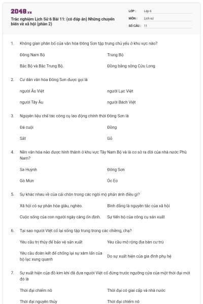 Trắc nghiệm Lịch Sử 6 Bài 11: (có đáp án) Những chuyển biến về xã hội (phần 2)