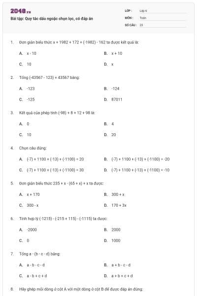 Bài tập: Quy tắc dấu ngoặc chọn lọc, có đáp án