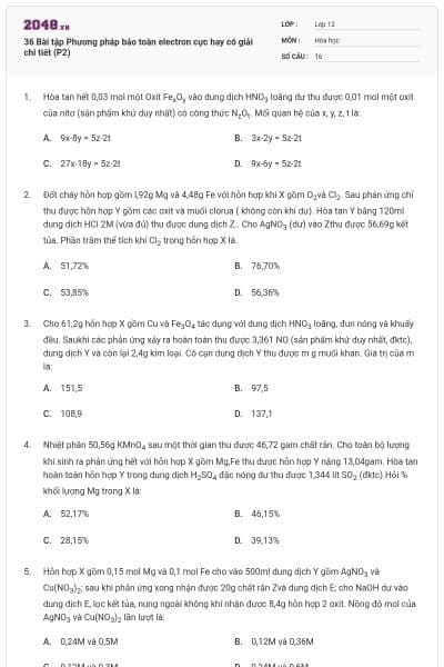 36 Bài tập Phương pháp bảo toàn electron cực hay có giải chi tiết (P2)
