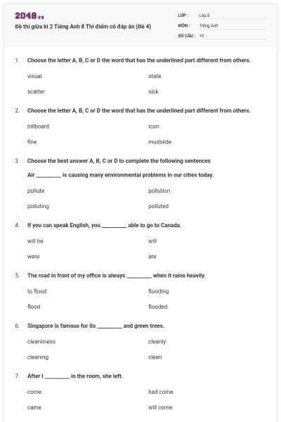 Đề thi giữa kì 2 Tiếng Anh 8 Thí điểm có đáp án (Đề 4)