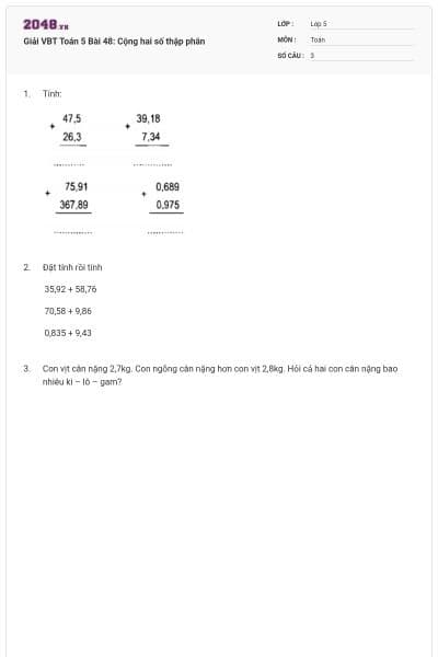 Giải VBT Toán 5 Bài 48: Cộng hai số thập phân