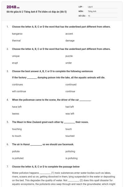 Đề thi giữa kì 2 Tiếng Anh 8 Thí điểm có đáp án (Đề 5)