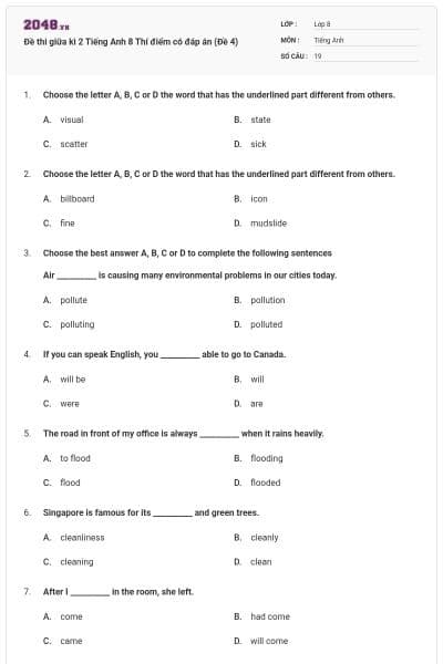 Đề thi giữa kì 2 Tiếng Anh 8 Thí điểm có đáp án (Đề 4)