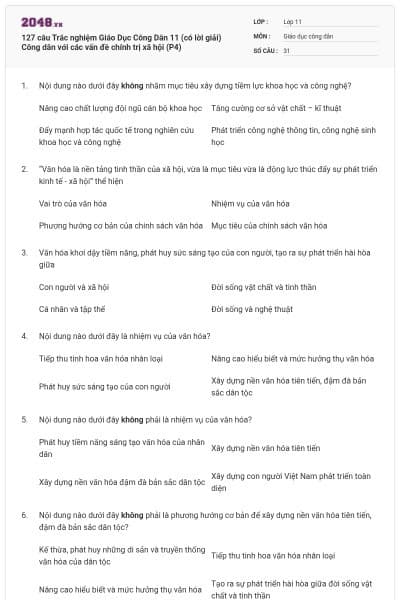 127 câu  Trắc nghiệm Giáo Dục Công Dân 11 (có lời giải) Công dân với các vấn đề chính trị xã hội (P4)