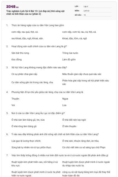 Trắc nghiệm Lịch Sử 6 Bài 13: (có đáp án) Đời sống vật chất và tinh thần của cư (phần 2)