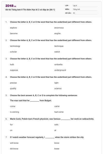 Đề thi Tiếng Anh 8 Thí điểm Học kì 2 có đáp án (Đề 1)