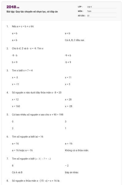 Bài tập: Quy tắc chuyển vế chọn lọc, có đáp án