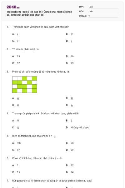 Trắc nghiệm Toán 5 (có đáp án): Ôn tập khái niệm về phân số. Tính chất cơ bản của phân số