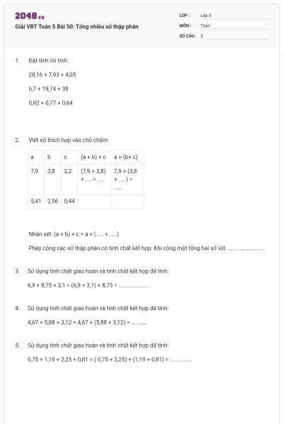 Giải VBT Toán 5 Bài 50: Tổng nhiều số thập phân