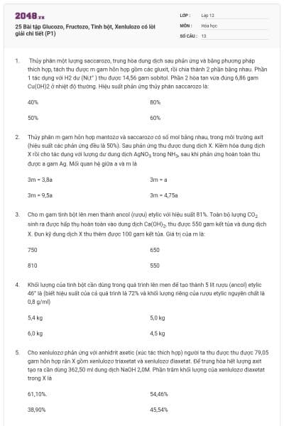 25 Bài tập Glucozo, Fructozo, Tinh bột, Xenlulozo có lời giải chi tiết (P1)