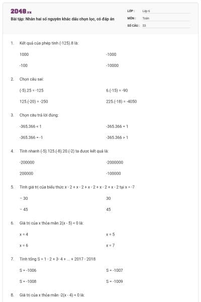 Bài tập: Nhân hai số nguyên khác dấu chọn lọc, có đáp án