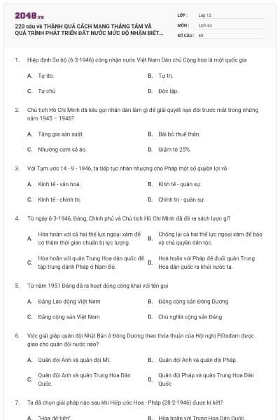220 câu về THÀNH QUẢ CÁCH MẠNG THÁNG TÁM VÀ QUÁ TRÌNH PHÁT TRIỂN ĐẤT NƯỚC MỨC ĐỘ NHẬN BIẾT (P1)