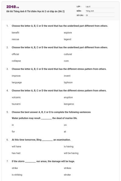 Đề thi Tiếng Anh 8 Thí điểm Học kì 2 có đáp án (Đề 2)