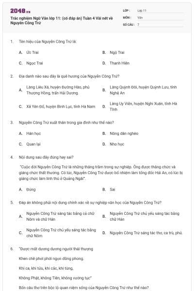 Trắc nghiệm Ngữ Văn lớp 11: (có đáp án) Tuần 4 Vài nét về Nguyễn Công Trứ